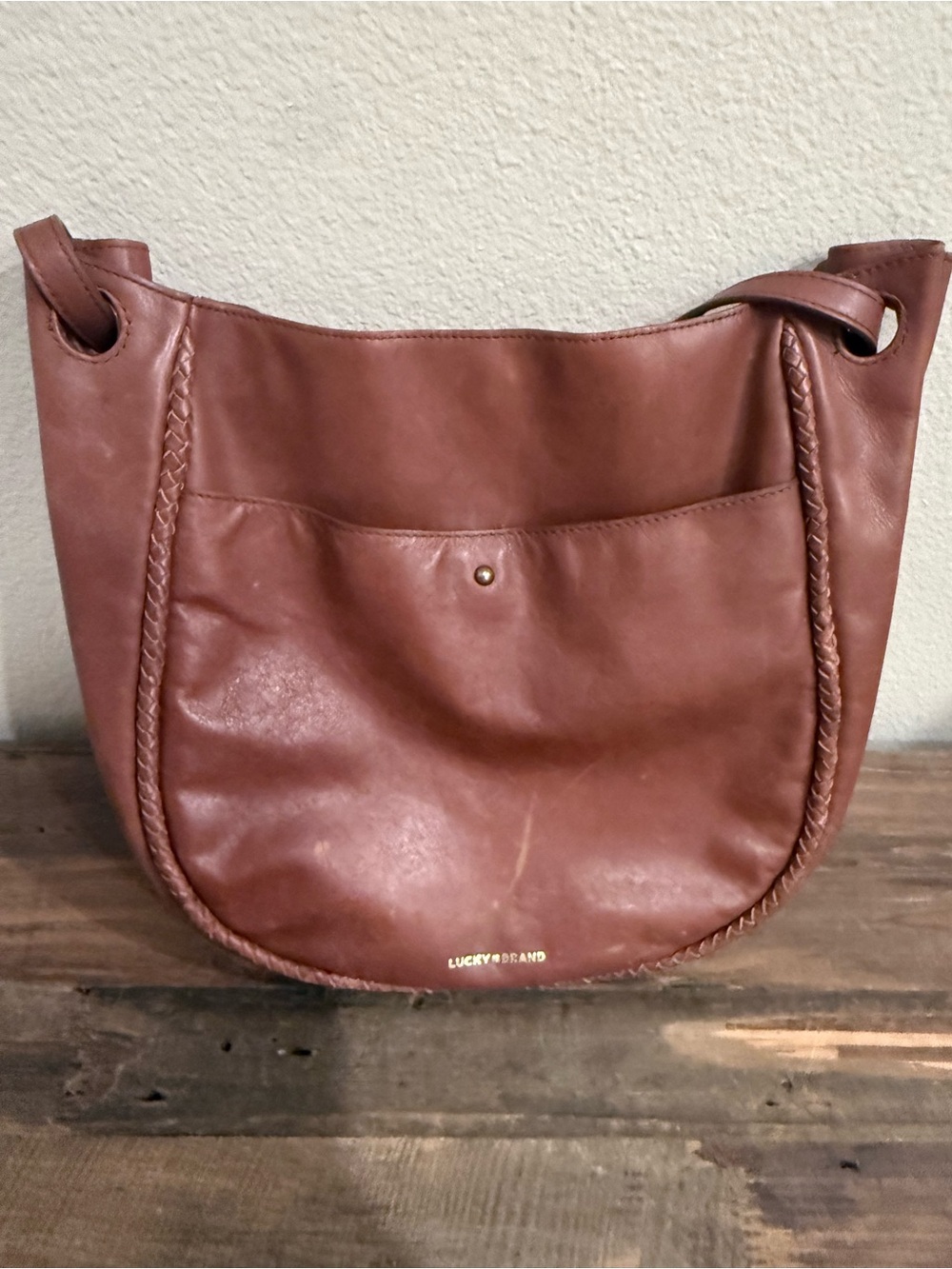 Lucky Brand brown Leather Braided-Trim Shoulder Bag